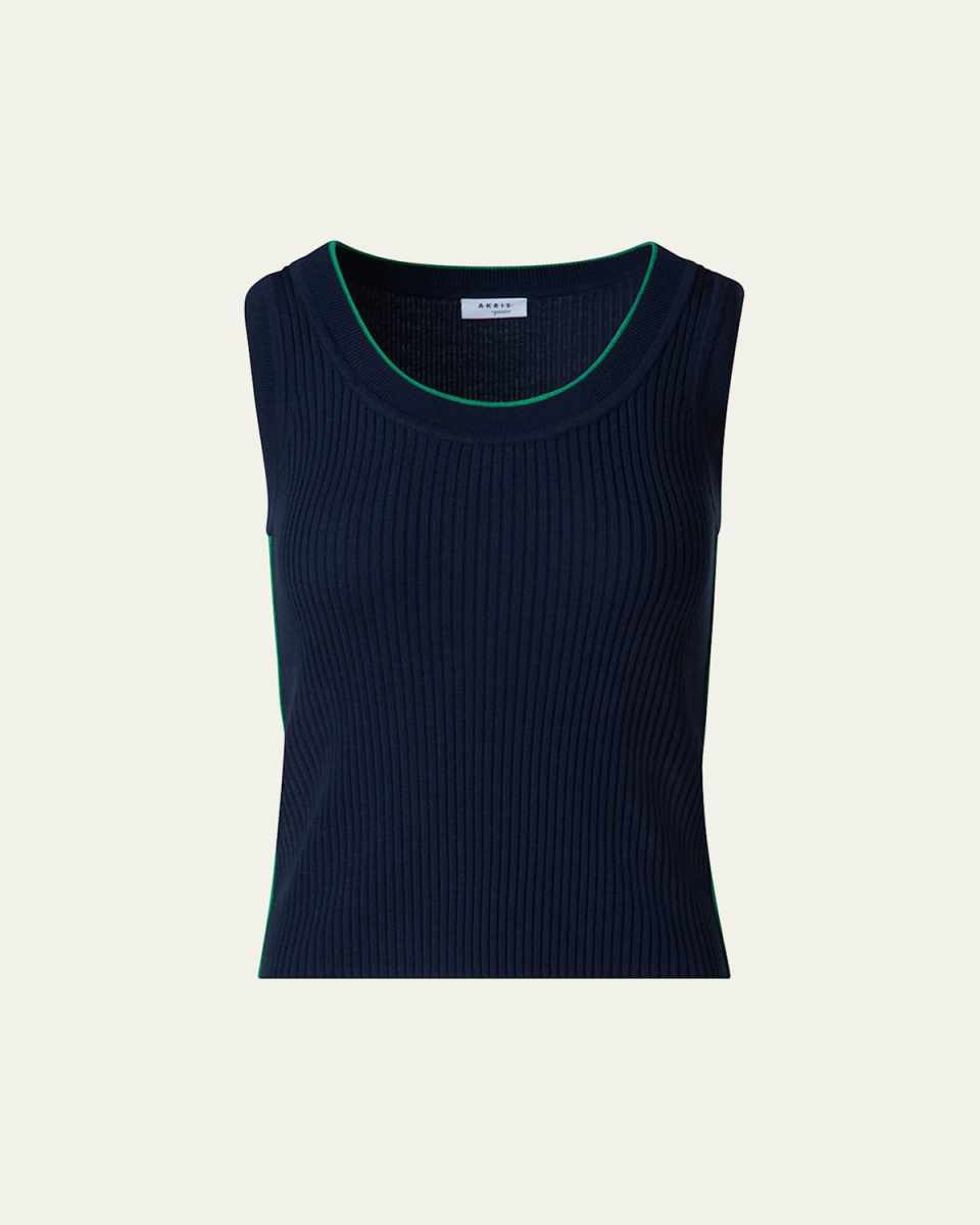 Ribbed Merino Wool Tank Top with Contrast Piping